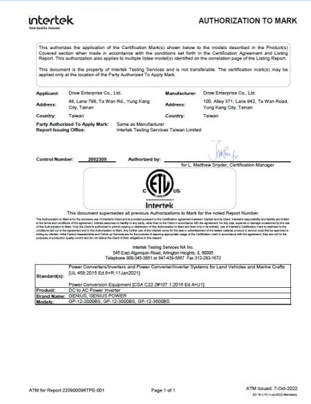 Intertek ETL Authorization to Mark for DROW DC to AC Power Inverter models GP-12-2000BS, GP-12-3000BS, and GP-12-3800BS under GENIUS POWER brand, compliant with UL 458 and CSA C22.2 No.107 standards.